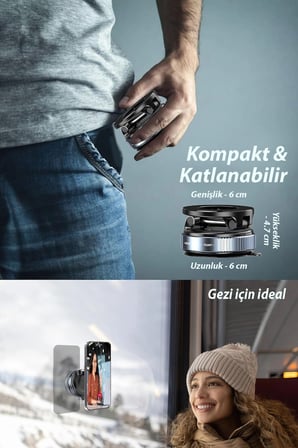 360 derece dönebilen, MagSafe uyumlu vakumlu telefon tutuculu sehpa. Siyah renklidir.