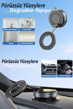 360 derece dönebilen, MagSafe uyumlu vakumlu telefon tutuculu sehpa. Siyah renklidir.