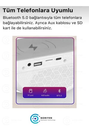 Kablosuz Masaüstü Hoparlör, Çalar Saat ve Radyo Alarm Özellikli Şarj Standı, Beyaz Renk
