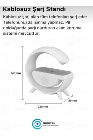 Kablosuz Masaüstü Hoparlör, Çalar Saat ve Radyo Alarm Özellikli Şarj Standı, Beyaz Renk