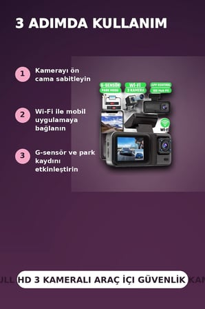 1080P Full HD 3 Kameralı Wi-Fi Bağlantılı Araç İçi Kayıt Cihazı ve Park Kamerası Seti
