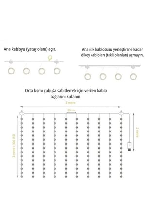 Lw-7 300 Ledli 10 Sarkıt Perde Led Işık, 8 Modlu Uzaktan Kumandalı, 3x3 Metre Peri Telli Led