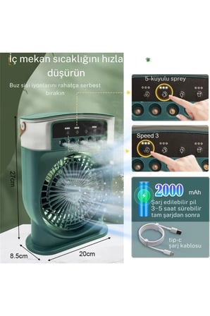Şarjlı 600 Ml Su Hazneli Taşınabilir Masaüstü Vanilatör  Güçlü Fan Ve 2000 Mah Pil Yeşil