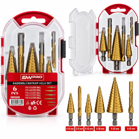 6pcs Matkap Uçlu Kademeli Set 4-12mm - 4-20mm - 4-32mm - 3mm - 6mm - 8mm Bx40