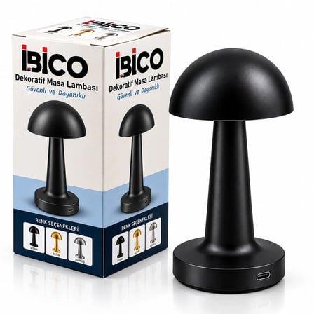Siyah - Oval Dekoratif Masa Lambası Mantar Dokunmatik Usb - Type-c Şarjlı 3 Fonksiyon Renkli İ10-028 Bx40