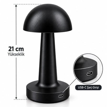 Siyah - Oval Dekoratif Masa Lambası Mantar Dokunmatik Usb - Type-c Şarjlı 3 Fonksiyon Renkli İ10-028 Bx40