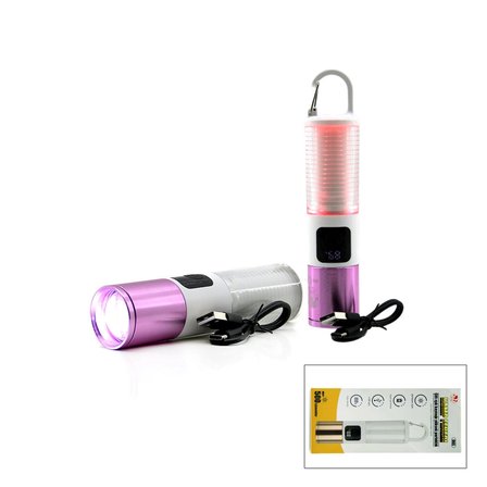 2in1 Kamp - Çok Amaçlı El Feneri Usb Şarjlı Zoom 6 Fonksiyon Işık=doğal - Renkli Askı Mandalı Şarj Göstergesi 005 Bx40