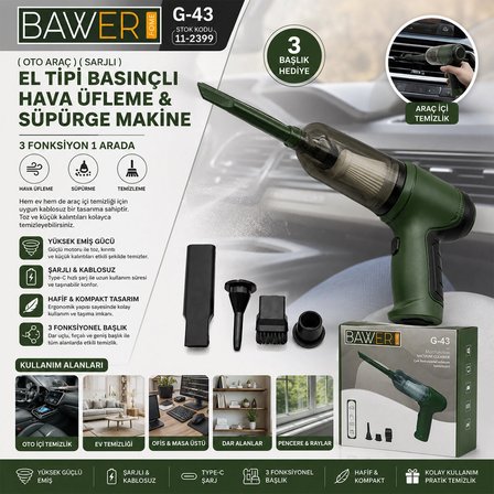 Oto Araç Sarjlı El Tipi Basınçlı Hava Üfleme - Süpürge Makine 3 Başlık G-43 Bx40