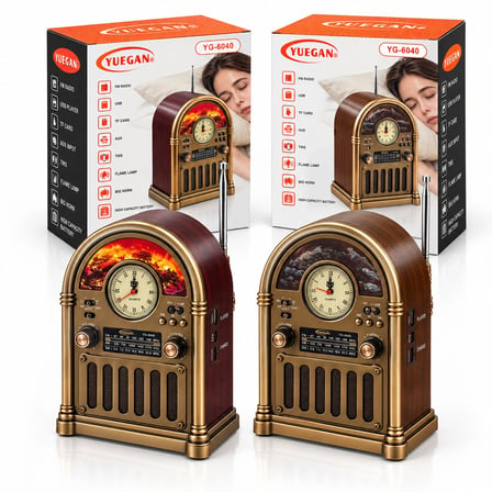 Saatli - İbreli Şömineli Radyo - Retro Am - Fm - Sw Usb - Type-c Sarjlı Bt - Tf - Usb Speaker Yg-6040 Pl-4733 Bx40