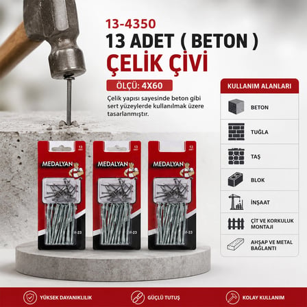 4x60 13pcs Beton Çelik Çivi 18pcs Bx40