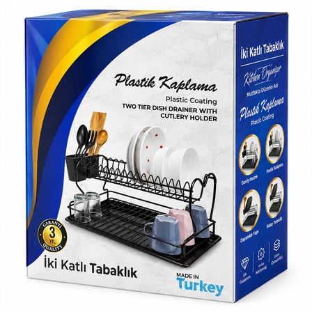 Siyah - Metal Lux Çift Katlı Tabaklık - Bulaşıklık Bx40