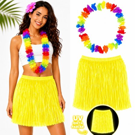 Neon Sarı Hawaii Etek 40 Cm Ve Rengarenk Hawaii Kolye Bx40