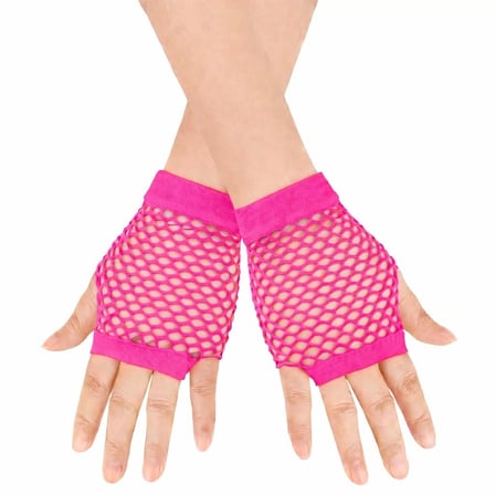 80’ler 90’lar Retro Neon Fuşya Şeker Pembesi File Parmaksız Kısa Eldiven 11 Cm Bx40