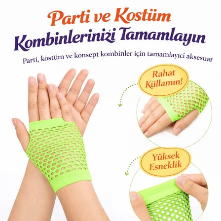 80’ler 90’lar Retro Neon Yeşil File Parmaksız Kısa Eldiven 11 Cm Bx40