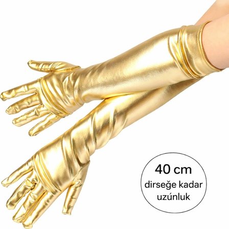 Altın Renk Dirsek Altı Lüks Saten Eldiven 40 Cm Bx40