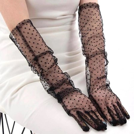 Uzun Boy Siyah Puantiyeli Siyah Renk Yetişkin Tül Eldiven 55 Cm Bx40