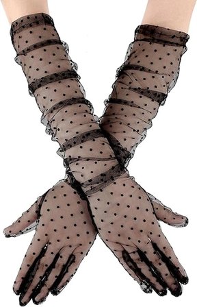 Uzun Boy Siyah Puantiyeli Siyah Renk Yetişkin Tül Eldiven 55 Cm Bx40