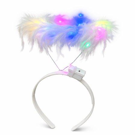 Renkli Led Işıklı Beyaz Tüylü Püsküllü Parti Tacı Bx40
