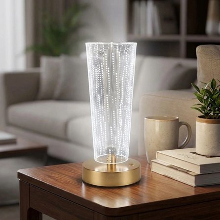 Silindirik Kristal Nokta Model Led Masa Lambası – Gold Tabanlı, Dokunmatik, 3 Renk Işık Modlu, Şarjlı Modern Dekoratif Gece Lambası Bx40