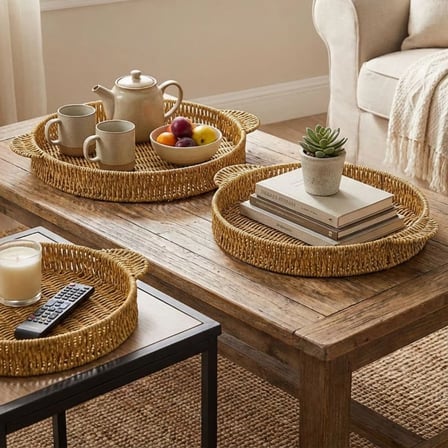 İç İçe Geçebilen 3’lü Yuvarlak Plastik Rattan Tepsi Seti–hasır Görünümlü Çok Amaçlı Servis Ve Sunum Tepsileri Bx40