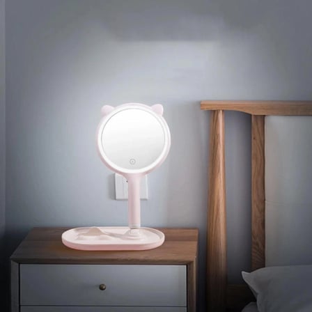 Kedi Kulaklı Telefon Standlı Yuvarlak Dokunmatik Led Ayarlı Masa Üstü Makyaj Aynası Bx40