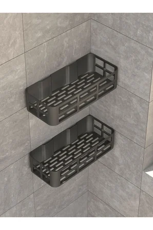 Banyo Duş Rafı 2'li Yapışkanlı ve Deliksiz Duş Organizer Suya Dayanıklı Siyah Raf