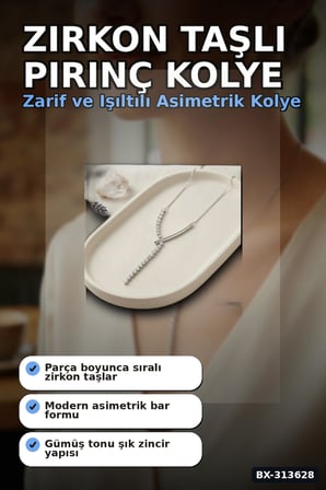 Zirkon Taşlı Pirinç Kadın Kolye - 45 cm Bar Tasarım, Gümüş Tonunda Tekli Ürün BX-313628