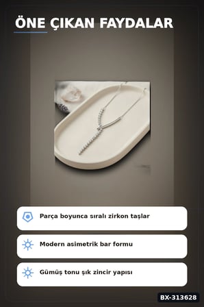 Zirkon Taşlı Pirinç Kadın Kolye - 45 cm Bar Tasarım, Gümüş Tonunda Tekli Ürün BX-313628