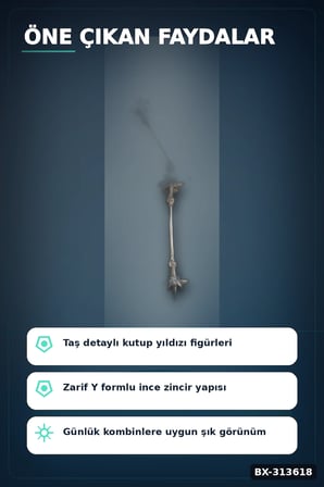 Zirkon Taşlı Gümüş Renk Kutup Yıldızı Kolye - 45 cm Pirinç Zincir Kadın Takı BX-313618