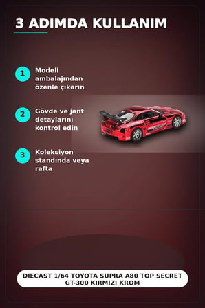 Diecast 1/64 Toyota Supra A80 Top Secret GT-300 Kırmızı Krom Model Araba BX-313385