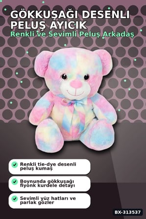 Yumuşak Peluş Oyuncak Gökkuşağı Desenli Ayıcık 45 cm Sevimli Hediye İçin Tekli BX-313537