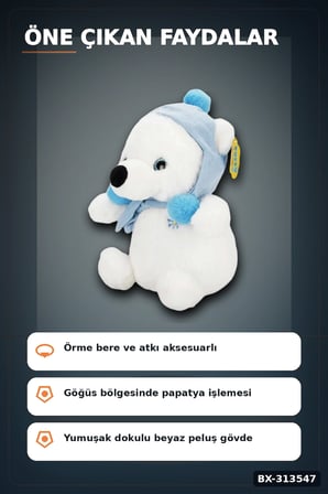 Kış Aksesuarlı 30 cm Yumuşak Peluş Kutup Ayısı Oyuncak, Çocuk Odası Hediyesi BX-313547
