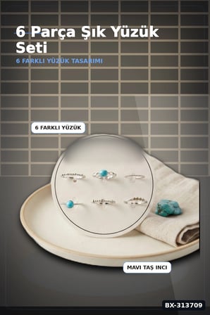 Mavi Taşlı Pirinç 6 Parça Yüzük Seti - 7-8 Numara Gümüş Renk Bijuteri Aksesuar BX-313709