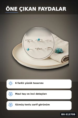 Mavi Taşlı Pirinç 6 Parça Yüzük Seti - 7-8 Numara Gümüş Renk Bijuteri Aksesuar BX-313709