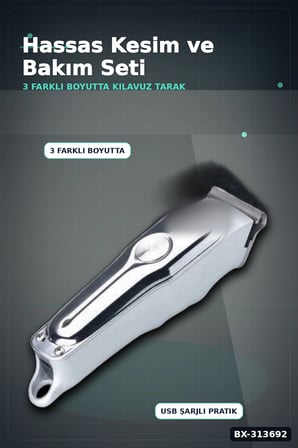 3 Başlıklı Şarjlı Tıraş Makinesi 14cm Paslanmaz Çelik Taraklı Ense Sakal Saç İçin BX-313692