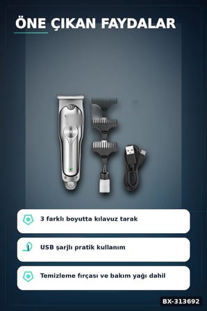 3 Başlıklı Şarjlı Tıraş Makinesi 14cm Paslanmaz Çelik Taraklı Ense Sakal Saç İçin BX-313692