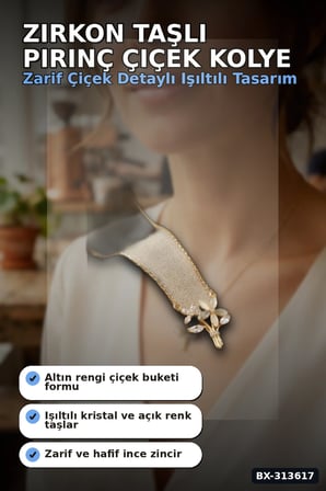 Zirkon Taşlı Pirinç Çiçek Kolye 45 cm Zincirli Görünümlü Kadın Takısı BX-313617