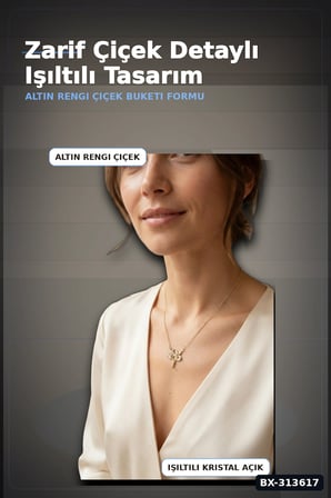 Zirkon Taşlı Pirinç Çiçek Kolye 45 cm Zincirli Görünümlü Kadın Takısı BX-313617