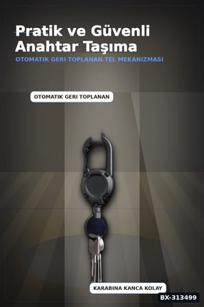 Geri Çekilebilir Çelik Halatlı Anahtarlık 68 cm - Karabina Kancalı Kemer Aksesuarı BX-313499