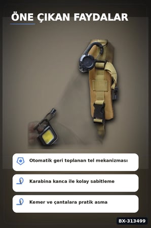 Geri Çekilebilir Çelik Halatlı Anahtarlık 68 cm - Karabina Kancalı Kemer Aksesuarı BX-313499