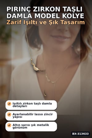 45 Cm Pirinç Gold Renk Zirkon Taşlı Damla Model Kadın Kolye - Tek Parça Takı BX-313633