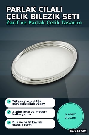 Parlak Cilali 3'lu Celik Bilezik Seti 60 mm Ic Cap 2 mm Kalinlik Ajda Bayan BX-313730