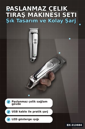 Paslanmaz Çelik 3 Taraklı Saç Sakal Düzeltici Tıraş Makinesi Seti, Şarjlı Taşınabilir BX-313684