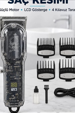 LCD Ekranlı 1800 mAh Şarjlı Saç Kesme Makinesi USB Şarjlı 4 Taraklı Tıraş Makinesi Seti BX-313658