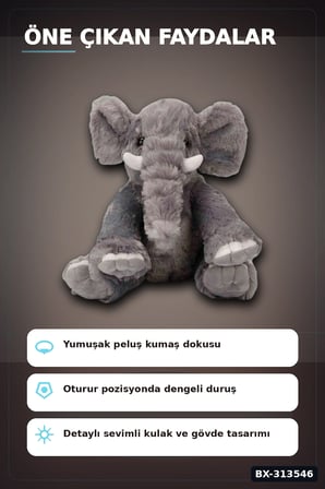 Peluş Fil Oyuncak 30 cm Yumuşak Dolgulu - Tekli Paket, Bebek ve Çocuk İçin Renk Seçenekli BX-313546