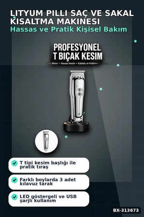 Lityum Pilli 600mAh Saç Sakal Kısaltma Makinesi 3 Taraklı USB Şarj LED Ekran BX-313673