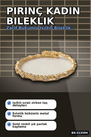 Sıralı Zirkon Taşlı Pirinç Kadın Bileklik - Gold Renk Tekli Parça, Bijuteri Aksesuar BX-313594