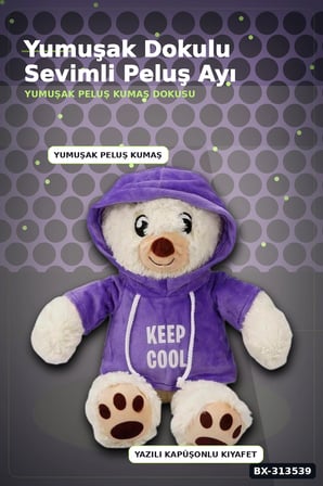 30 cm Kapüşonlu Peluş Ayıcık - Keep Cool Yazılı Sweatshirt, Pati Desenli Ayak BX-313539