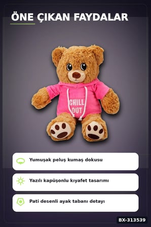 30 cm Kapüşonlu Peluş Ayıcık - Keep Cool Yazılı Sweatshirt, Pati Desenli Ayak BX-313539