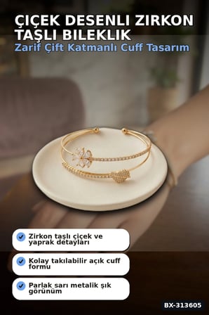Çiçek Desenli Zirkon Taşlı Kadın Bileklik - Pirinç Materyal - Tekli Takı BX-313605